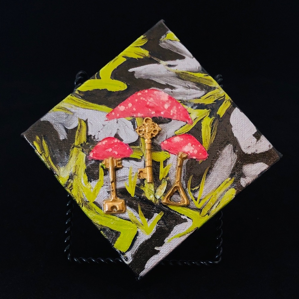 Magic Mushroom Keys Mixed Media Canvas Art 4" X 4"